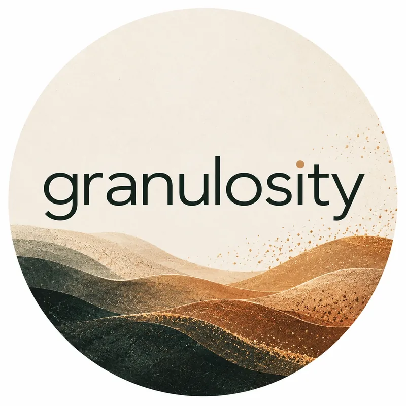 Granulosity wordmark over layered green and ochre hills